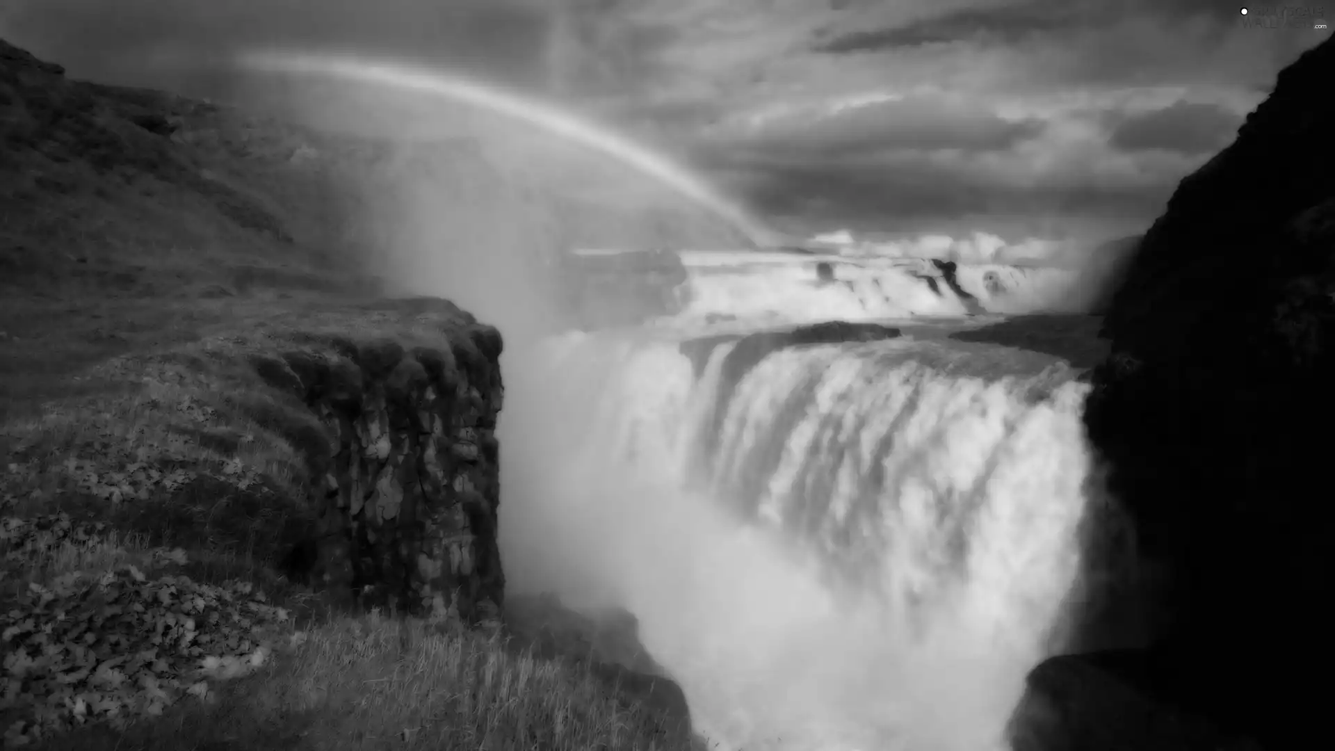 waterfall, Sky, rocks, Great Rainbows