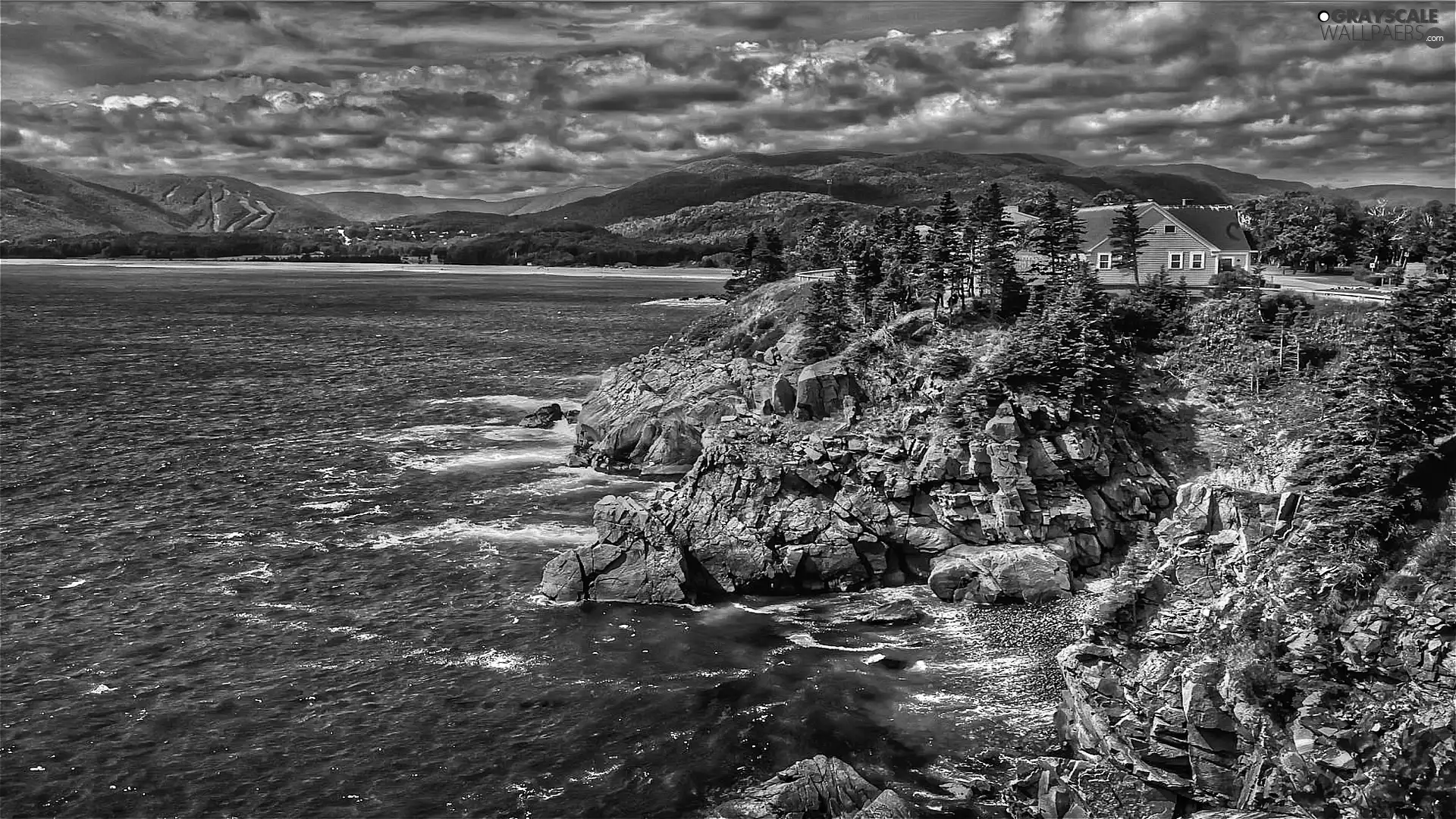 rocks, Home, clouds, sea, Mountains