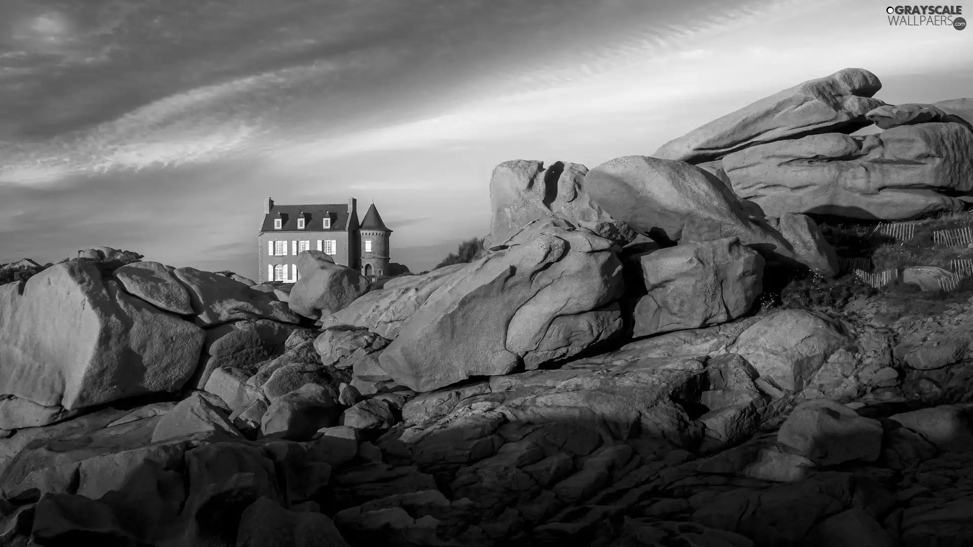 house, Sky, clouds, rocks