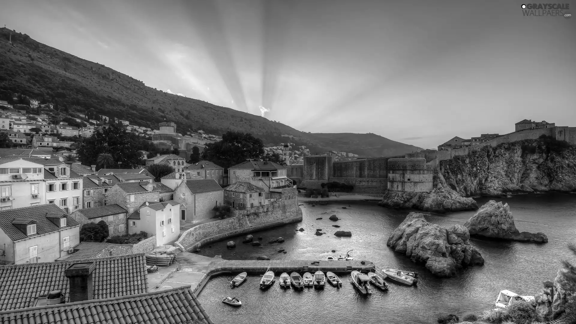 rocks, Houses, Dubrovnik, sea, Coartia