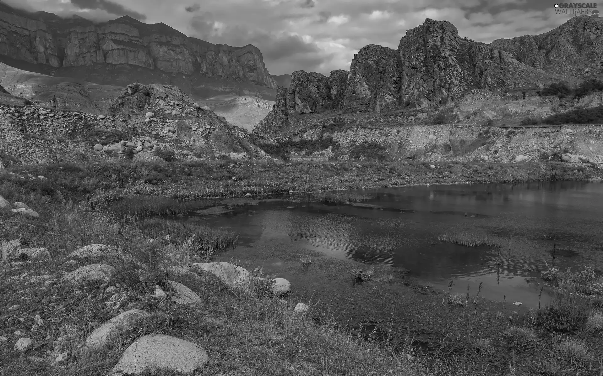 Stones, rocks, lake, grass, Mountains