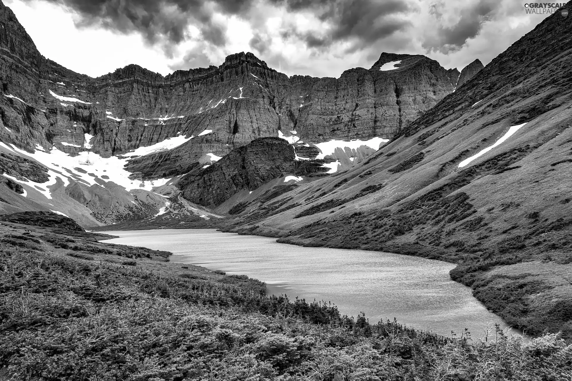 lake, Mountains, rocks, overgrown