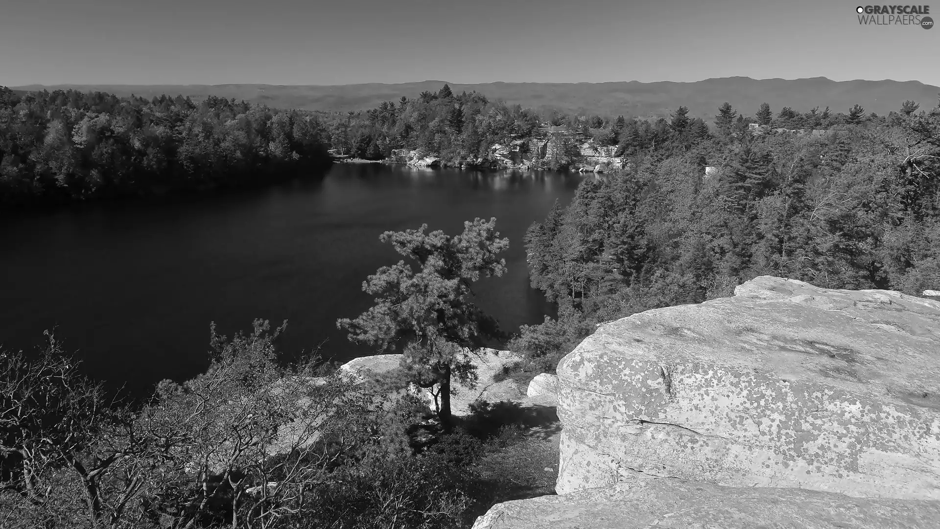 rocks, woods, lake