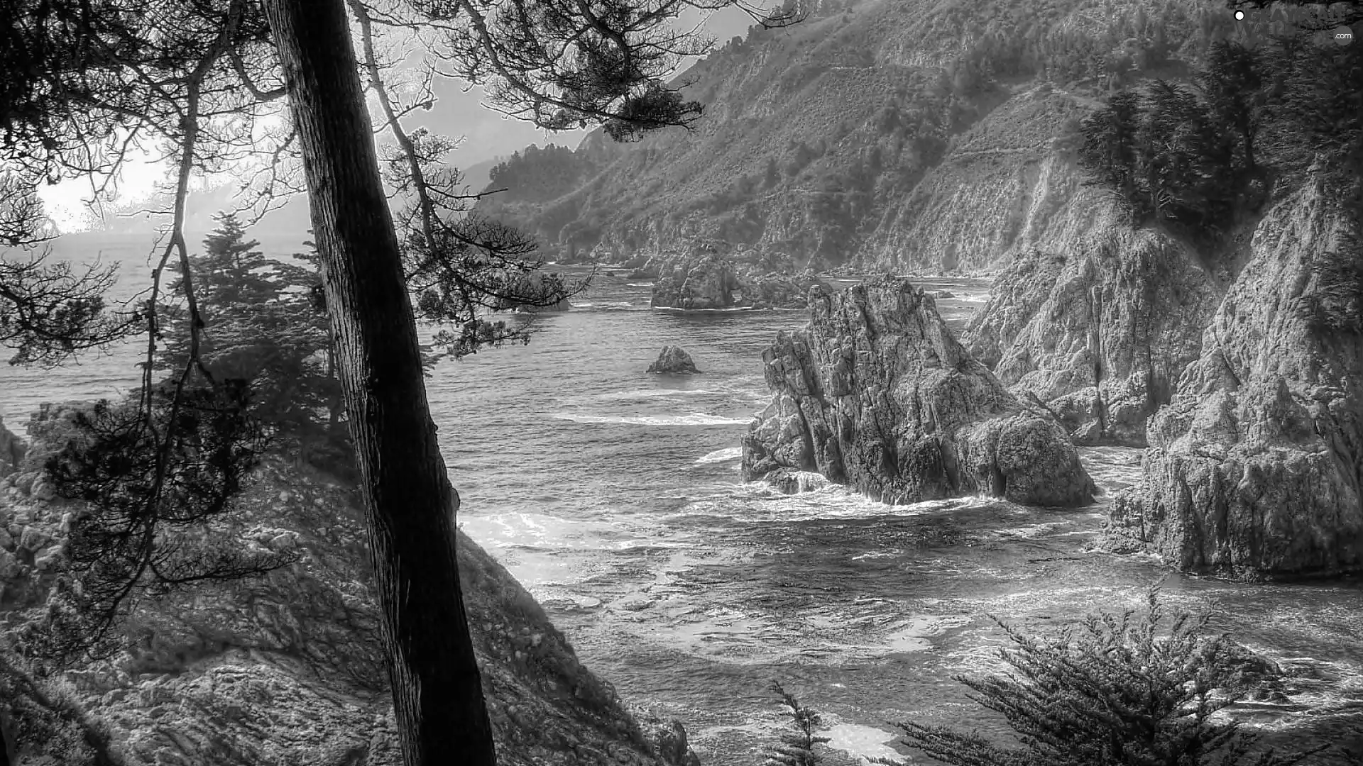 sea, Mountains, rocks, pine, flash, luminosity, ligh, sun, Przebijające