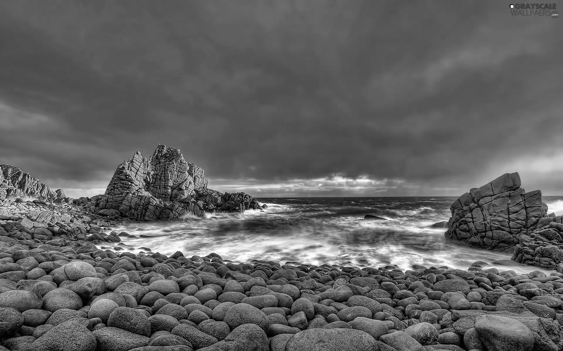 Coast, sea, rocks, Stones, flash, luminosity, ligh, sun, Przebijające
