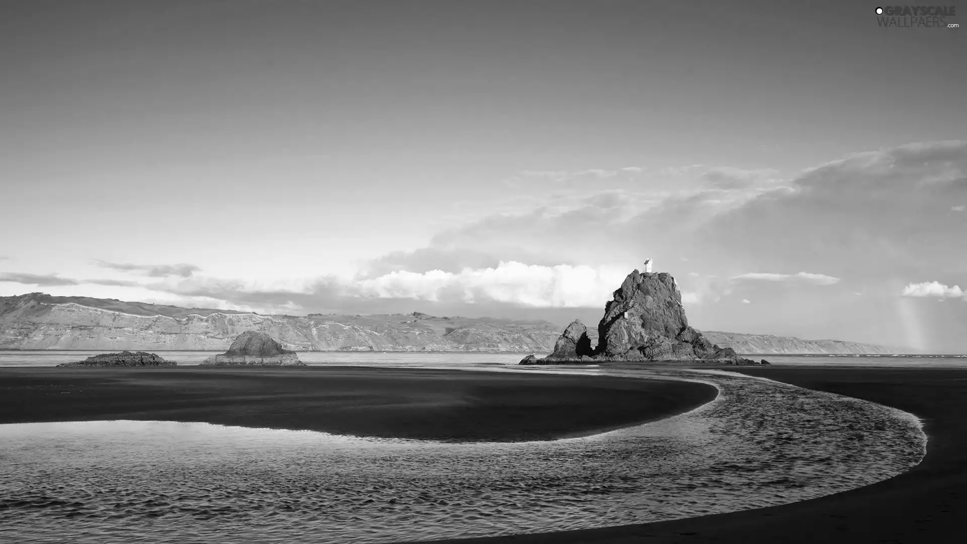 rocks, sea, maritime, Great Rainbows, Lighthouse, Mountains