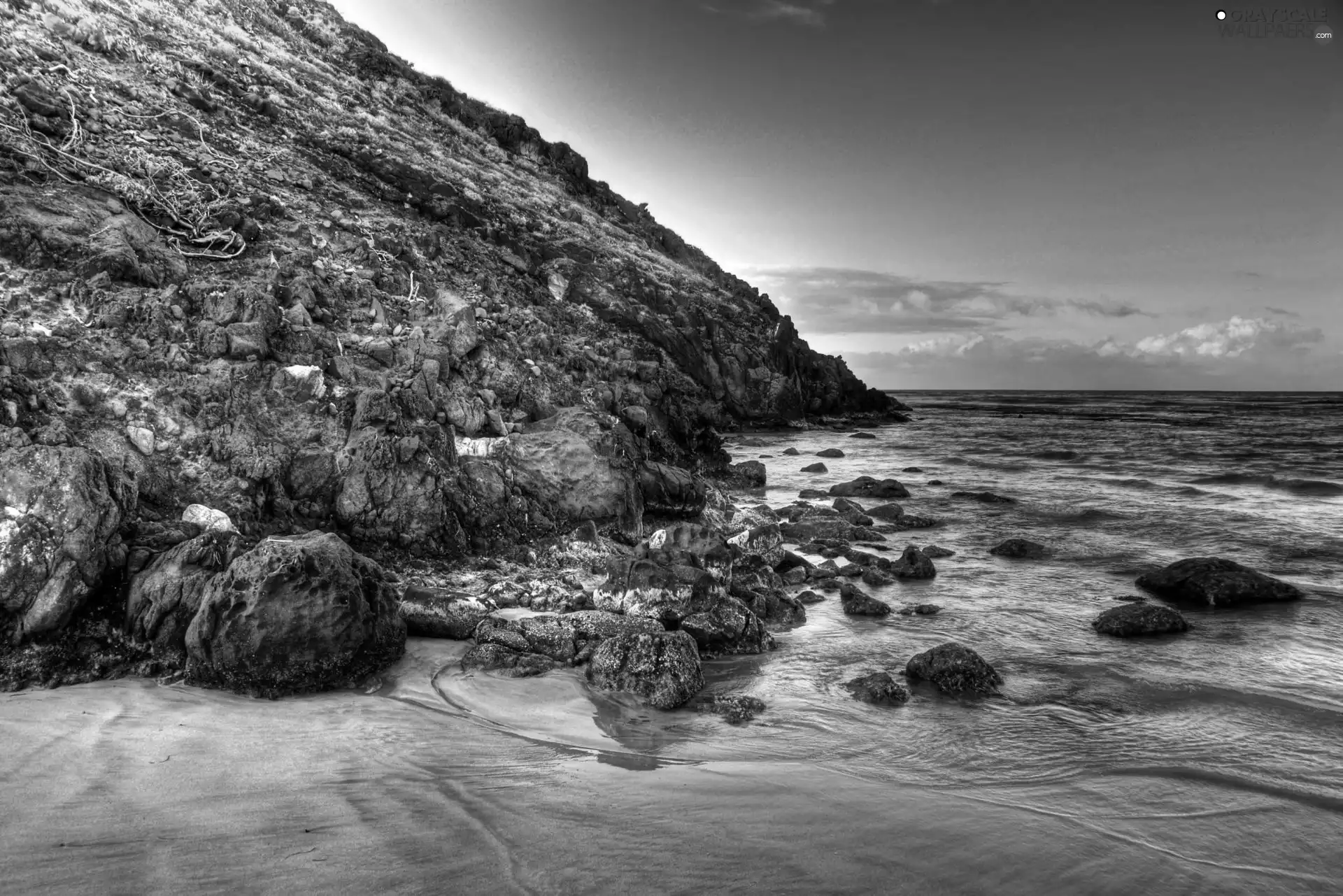 rocks, sea, mountains