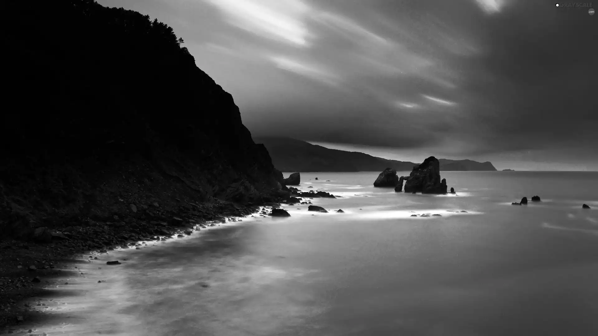 rocks, sea, mountains