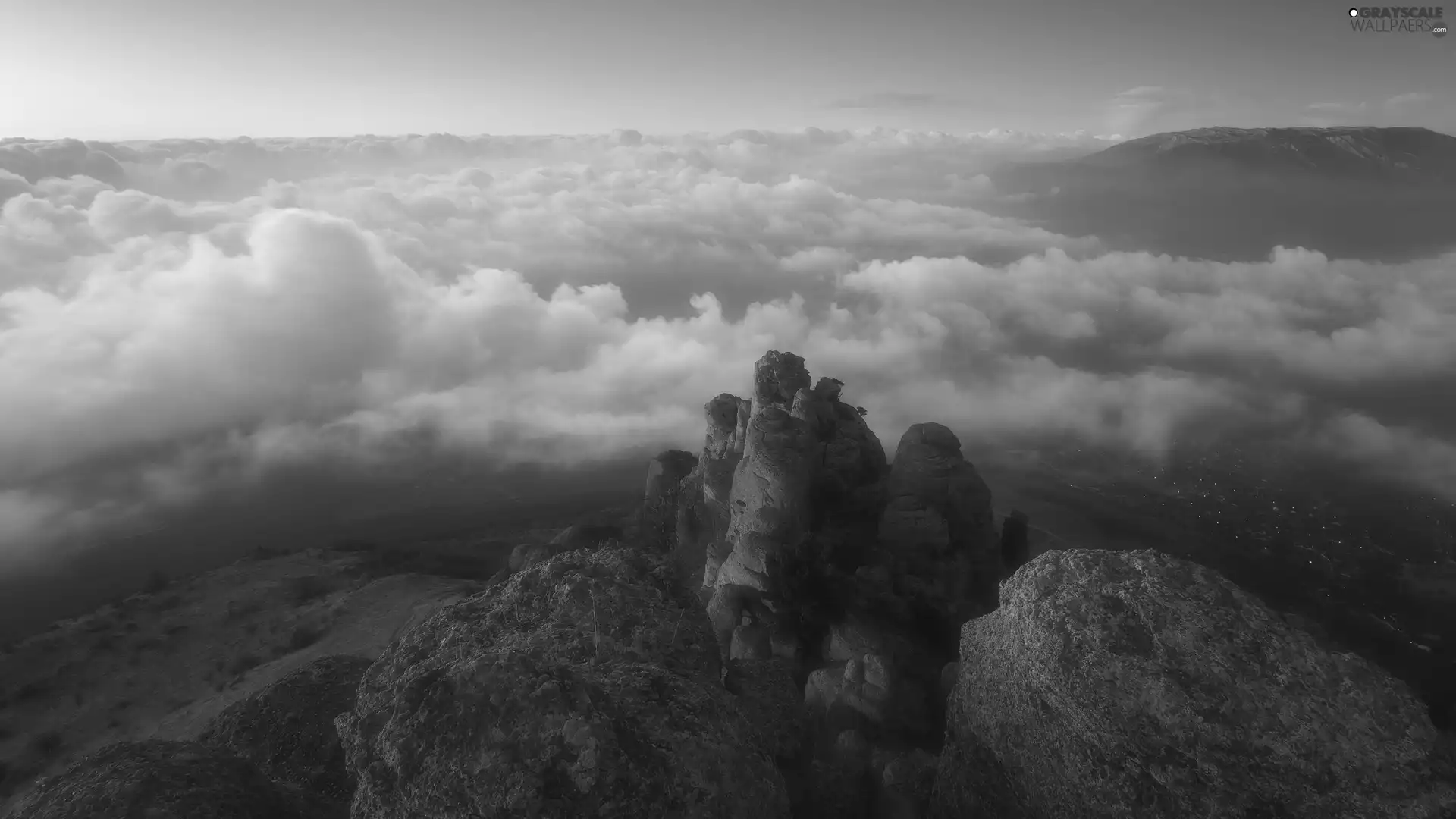 Mountains, clouds, Valley, rocks