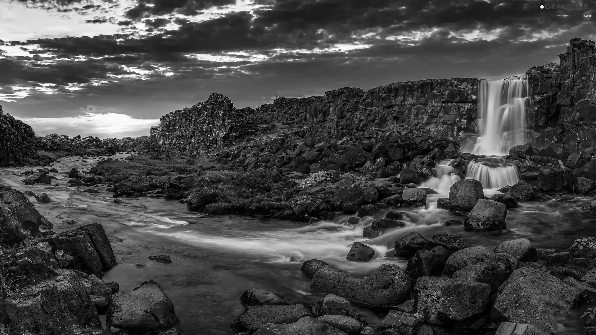 Oxararfoss Waterfall, Mountains, clouds, iceland, Oxara River, rocks