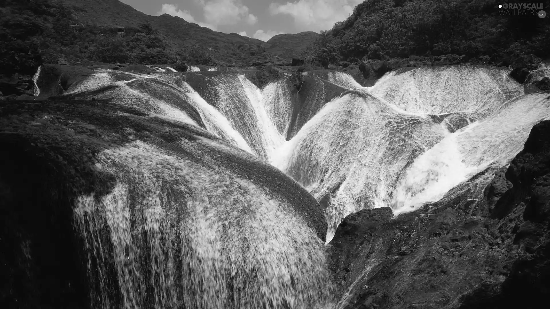 rocks, waterfall, Mountains