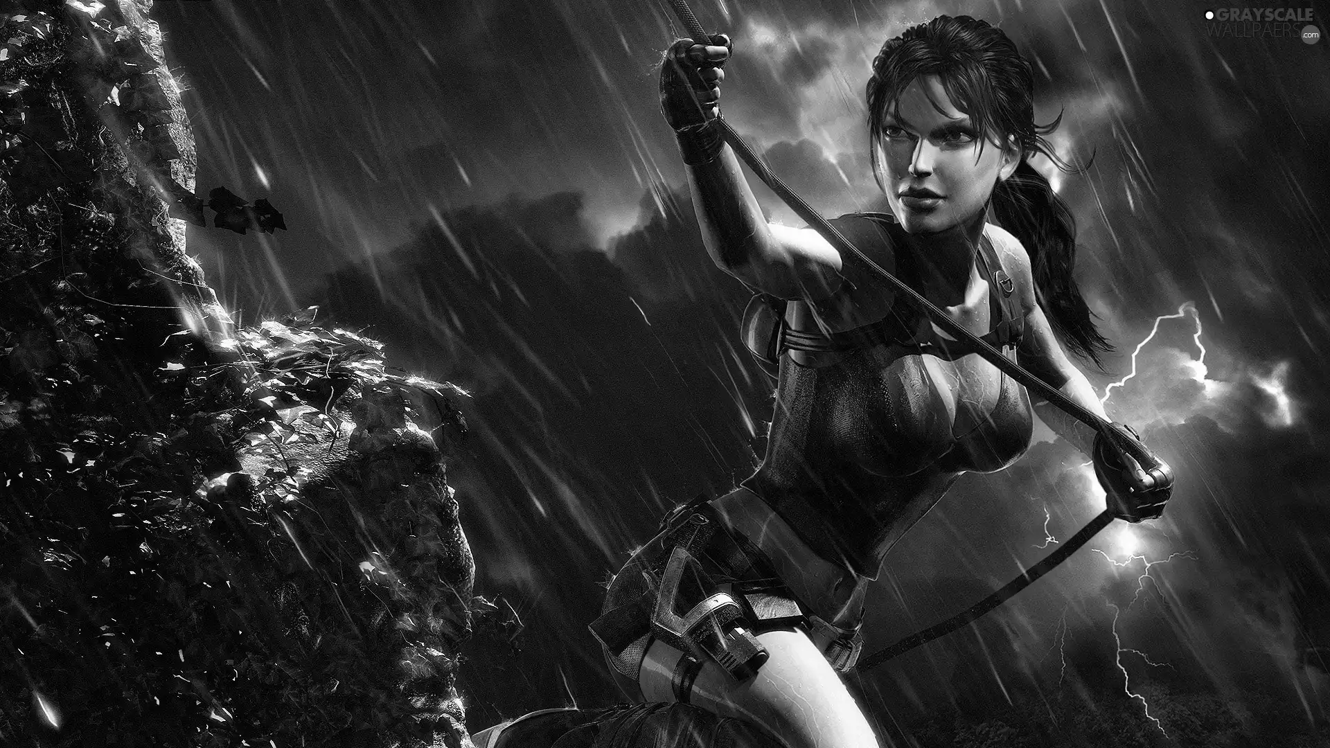 Lara Croft, Rain, rocks, Tomb Raider