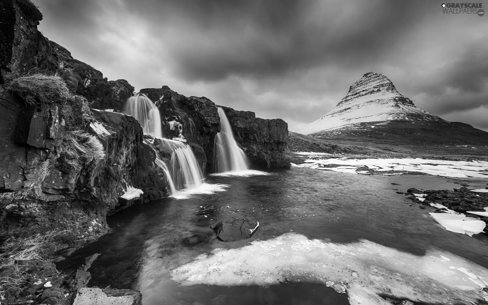 Kirkjufellsfoss Waterfall, iceland, rocks, winter, River, Kirkjufell Mountain