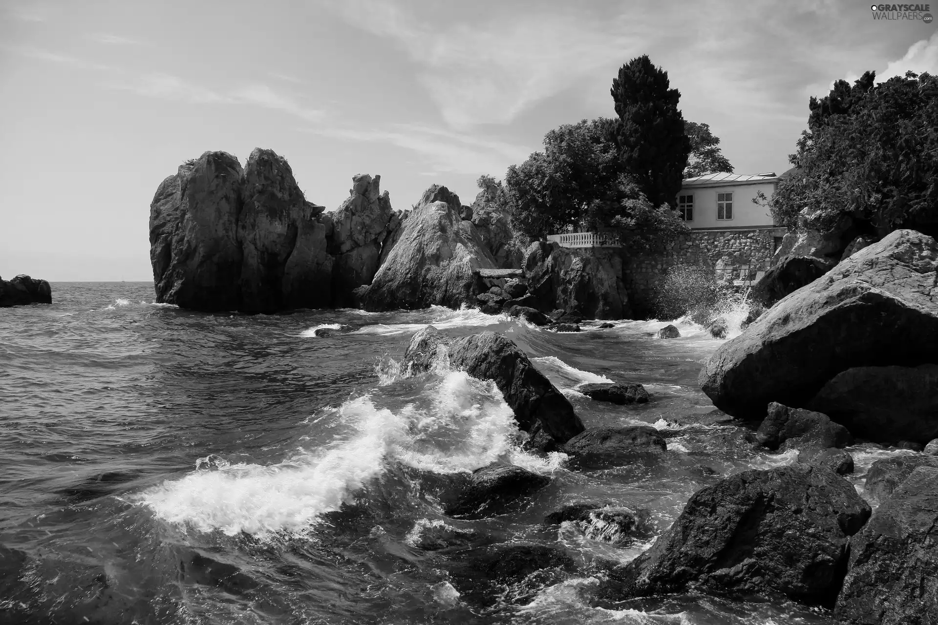 rocks, house, sea