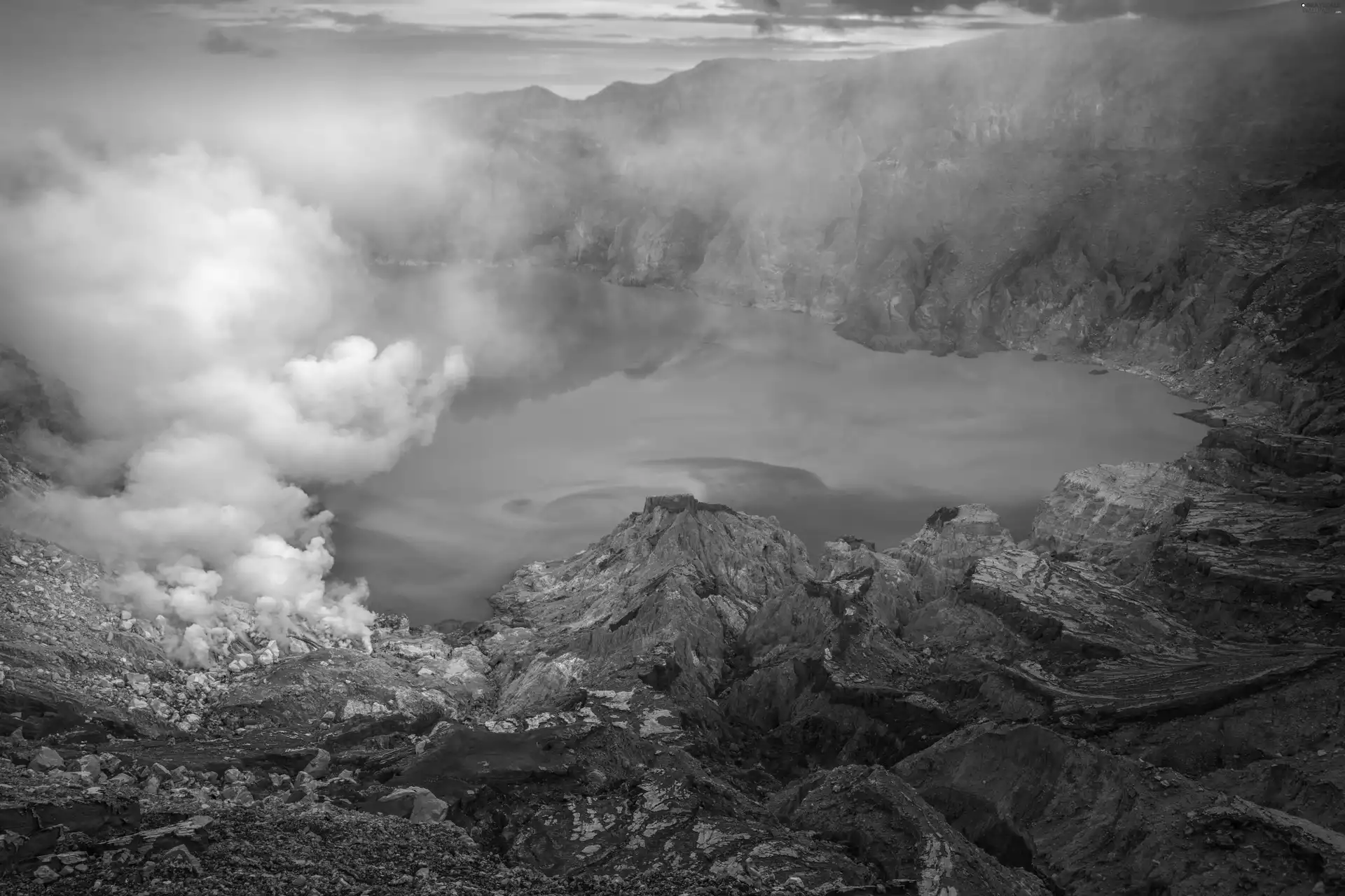 rocks, smoke, volcano, lake, crater