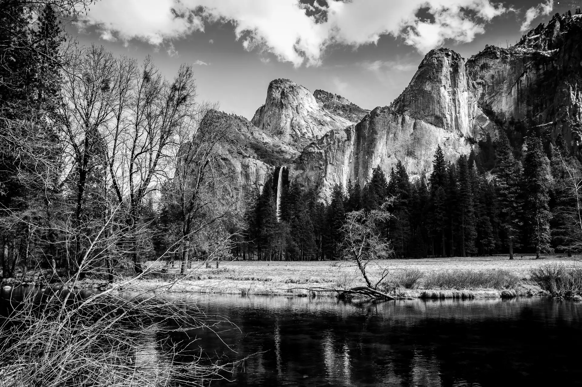 clouds, waterfall, viewes, rocks, River, trees, The United States