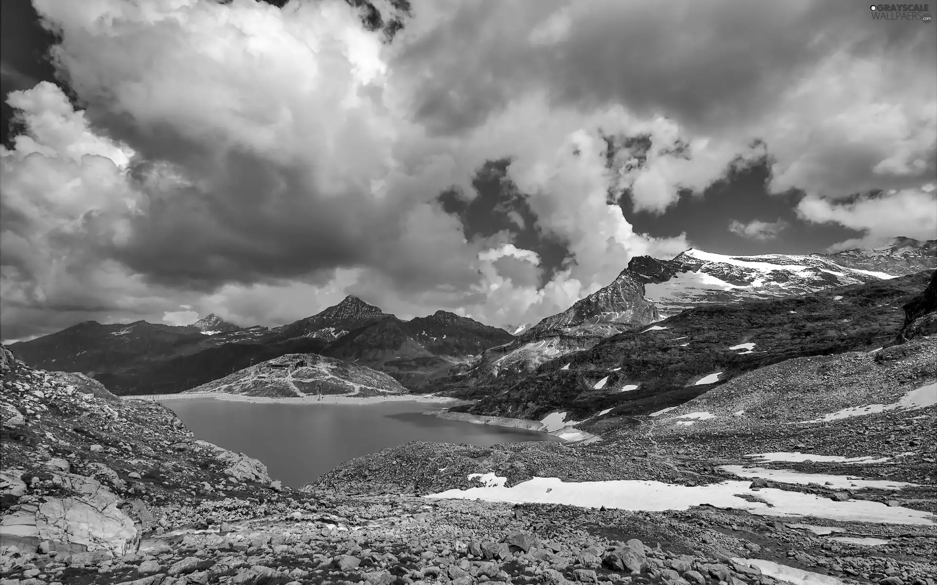 rocks, Stones, lake, clouds, Mountains