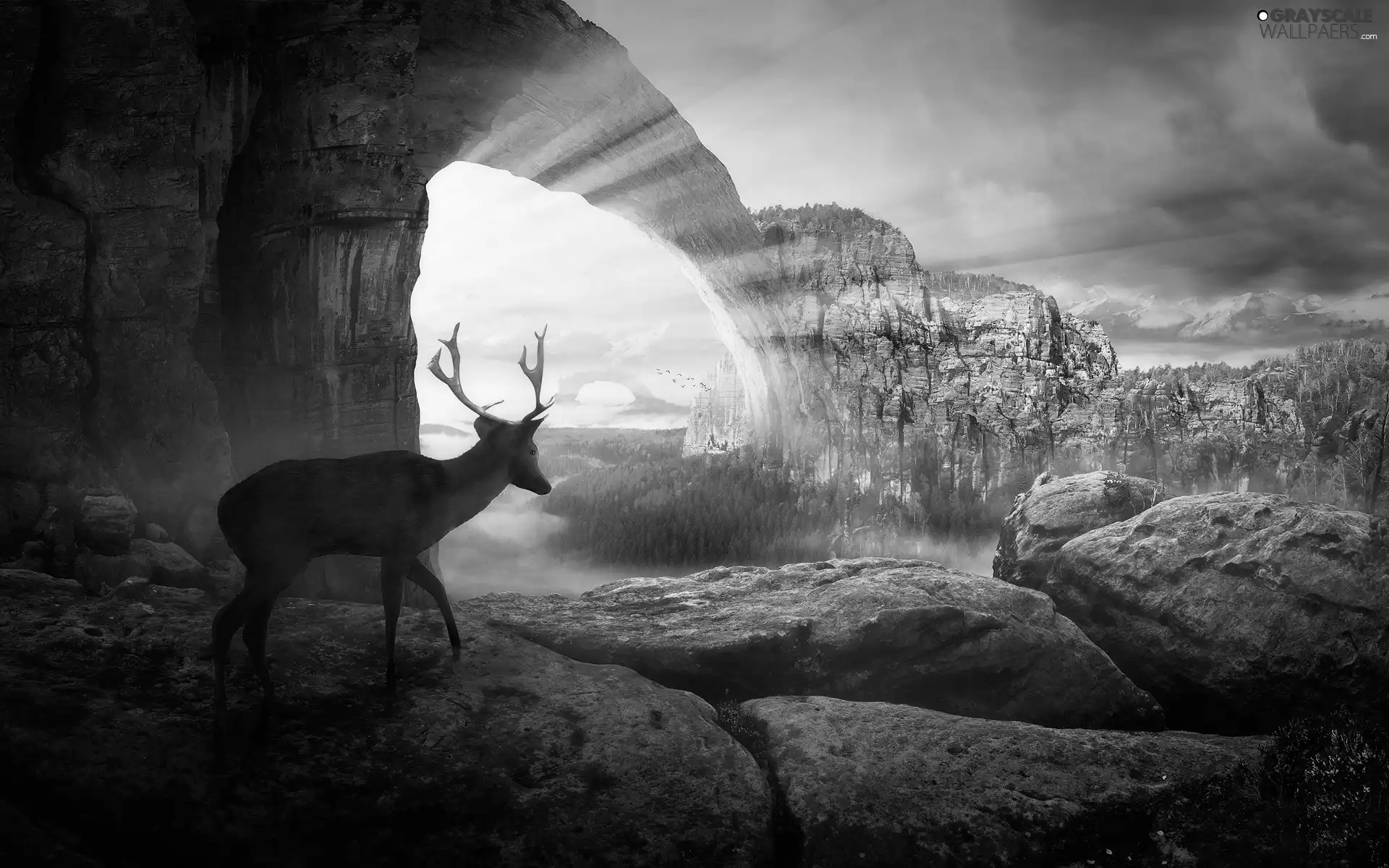 Mountains, graphics, rocks, Przebijające, luminosity, deer, sun, flash, ligh