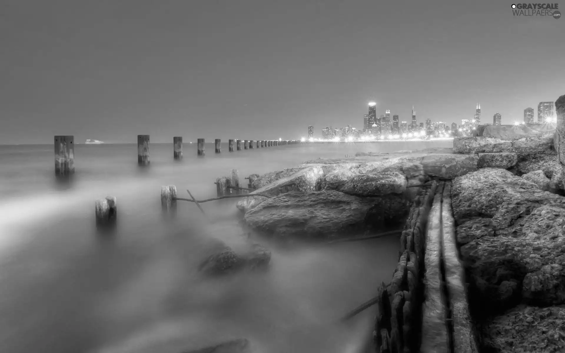 Town, sea, rocks, Night