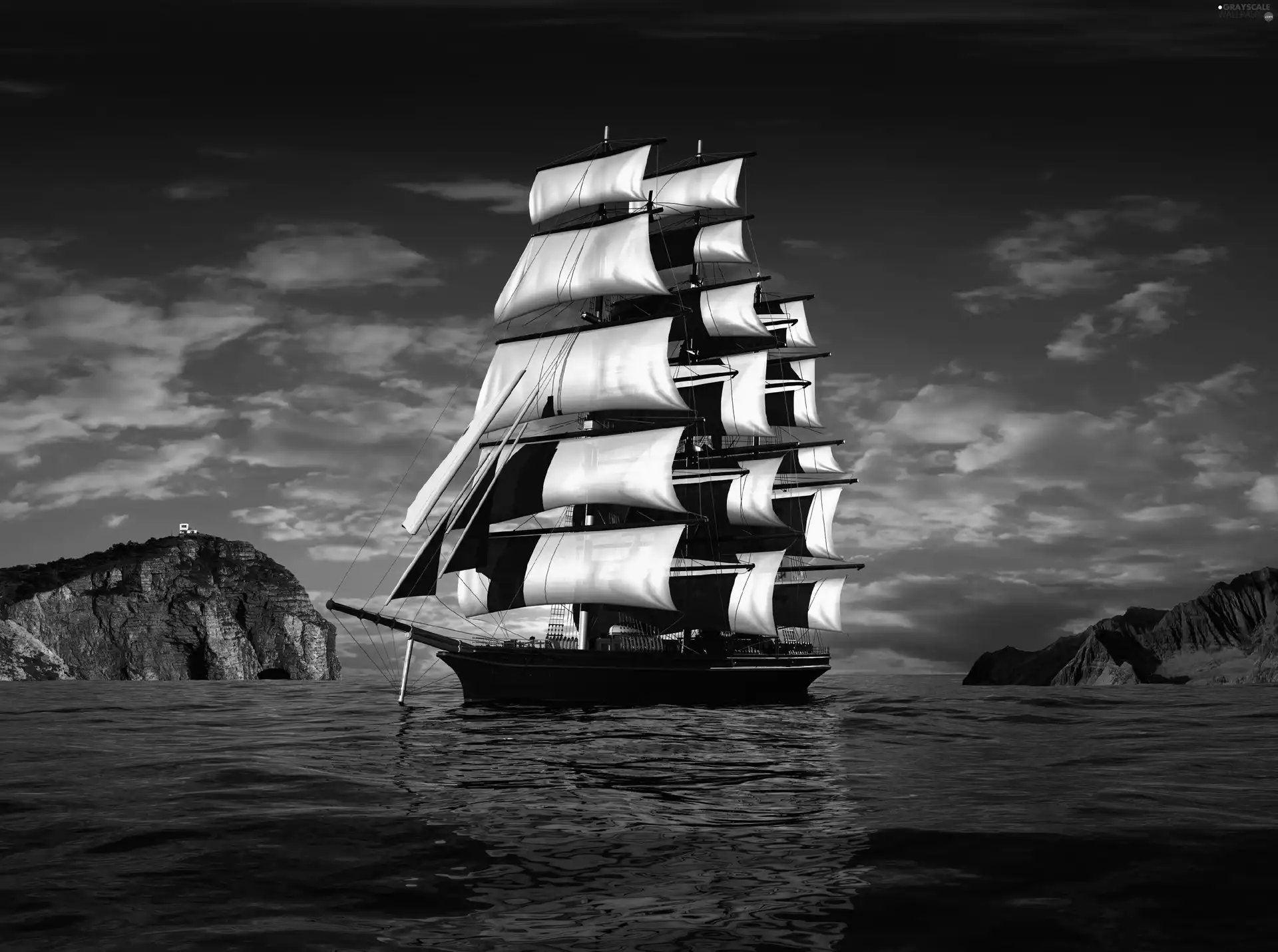 sailing vessel, sea, rocks