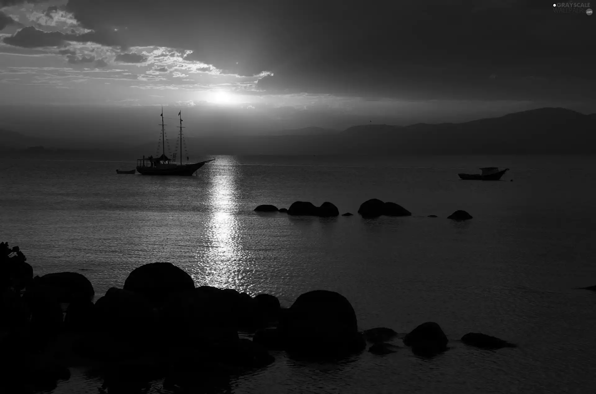 rocks, sailing vessel, sun, sea, west