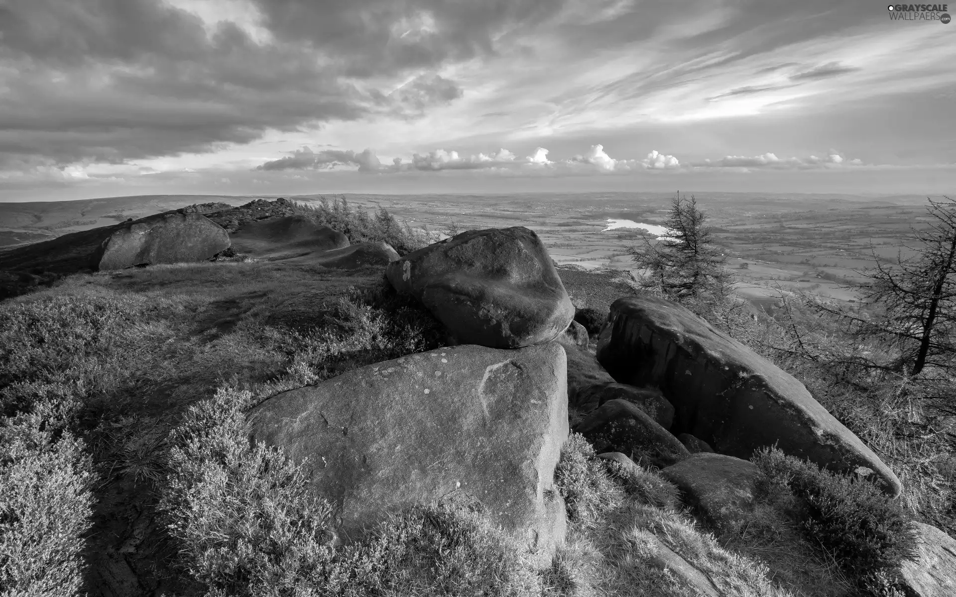 water, rocks, viewes, grass, trees, clouds, Sky, mosses