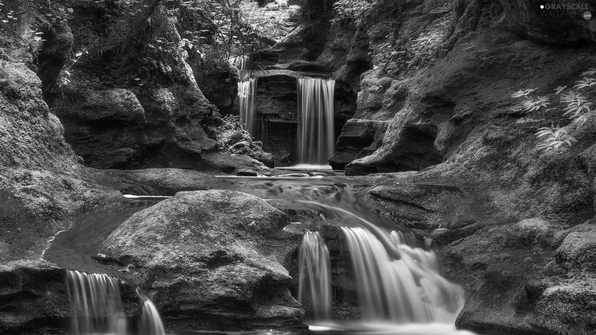 mossy, rocks, waterfall, rocks, forest