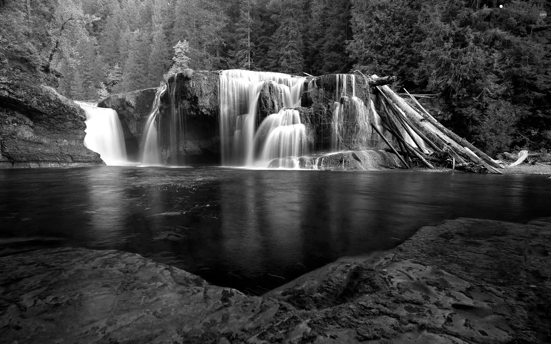 rocks, forest, waterfall