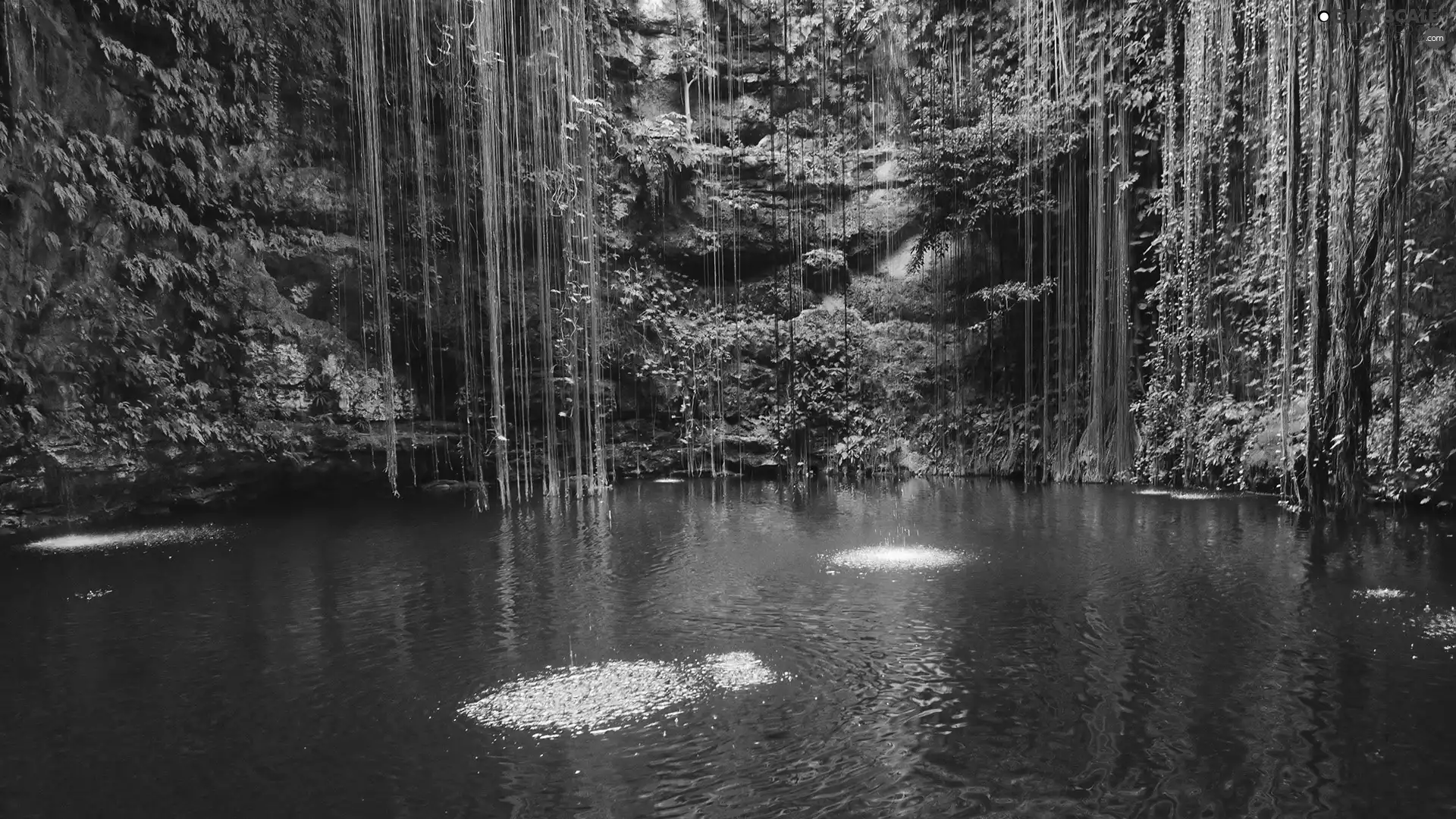 Rocks, lake, waterfall