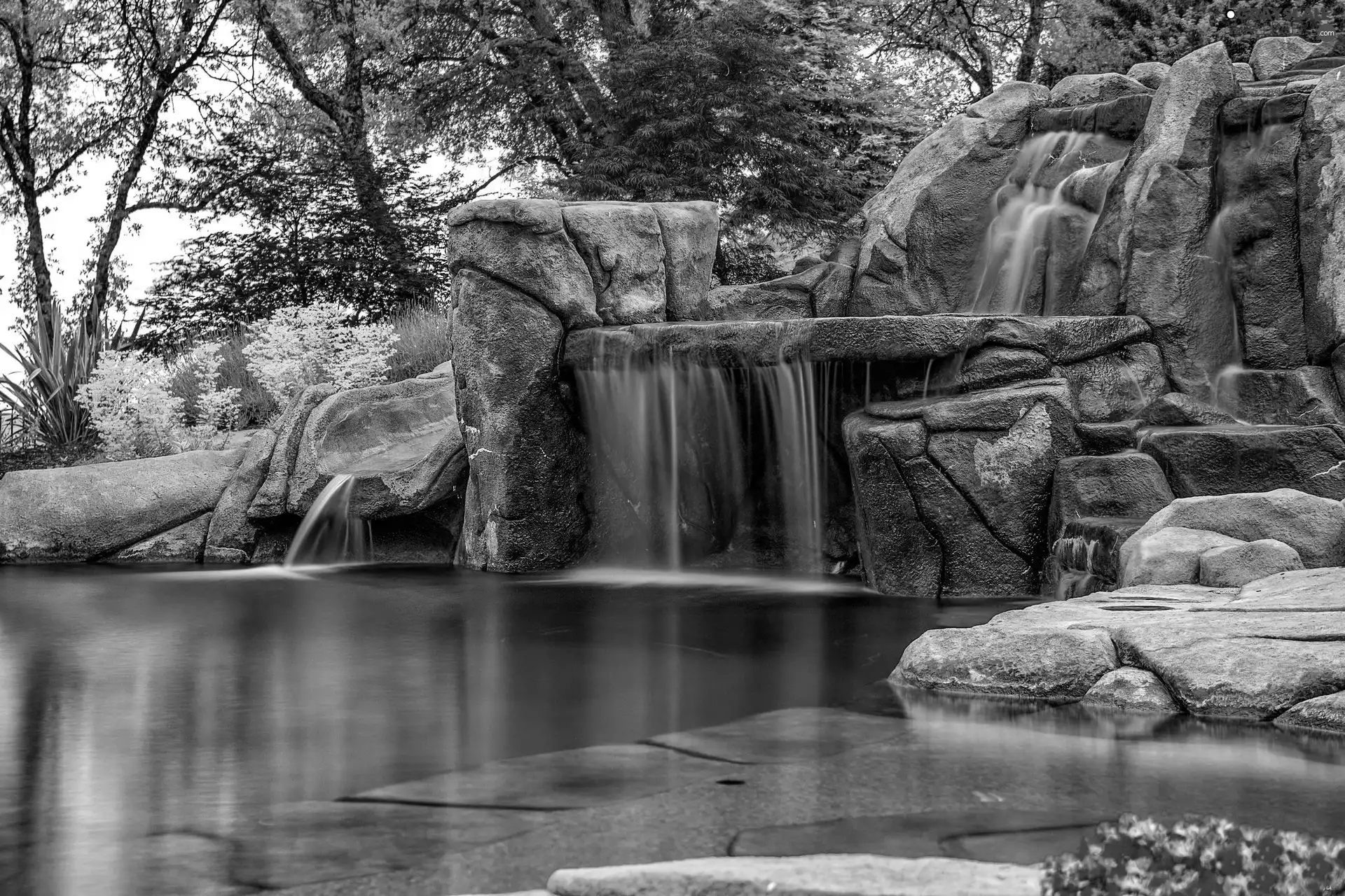 waterfall, viewes, rocks, trees