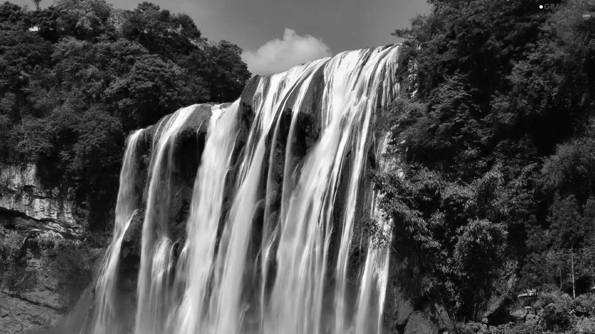 waterfall, viewes, rocks, trees