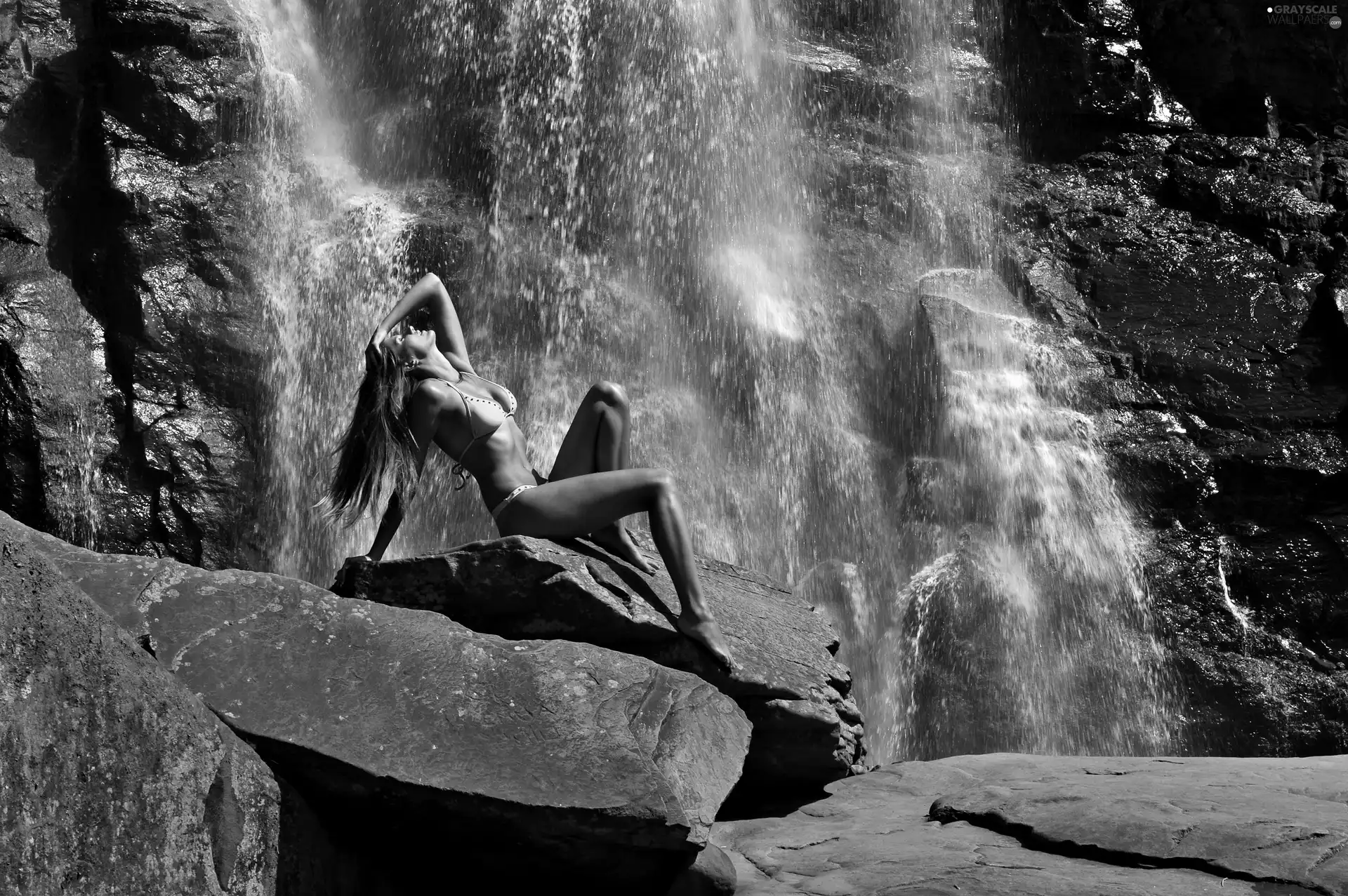 rocks, Women, waterfall
