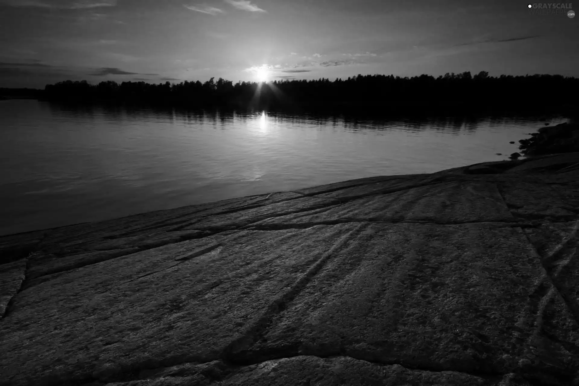 west, lake, Rocks, sun