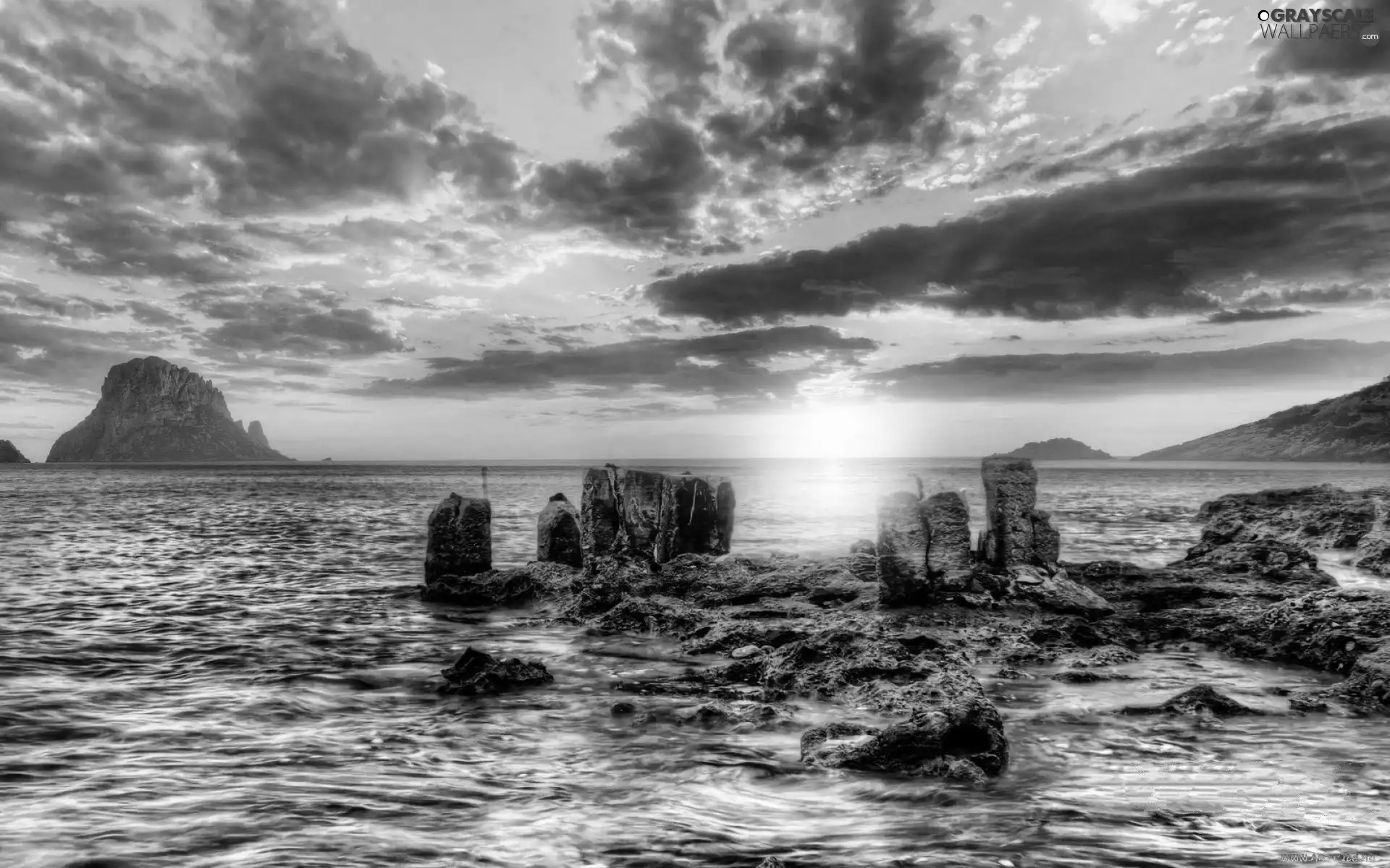 west, sea, rocks, sun