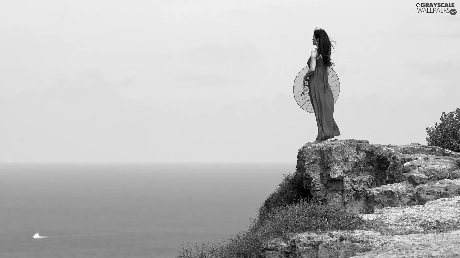 Women, Coast, rocks, umbrella