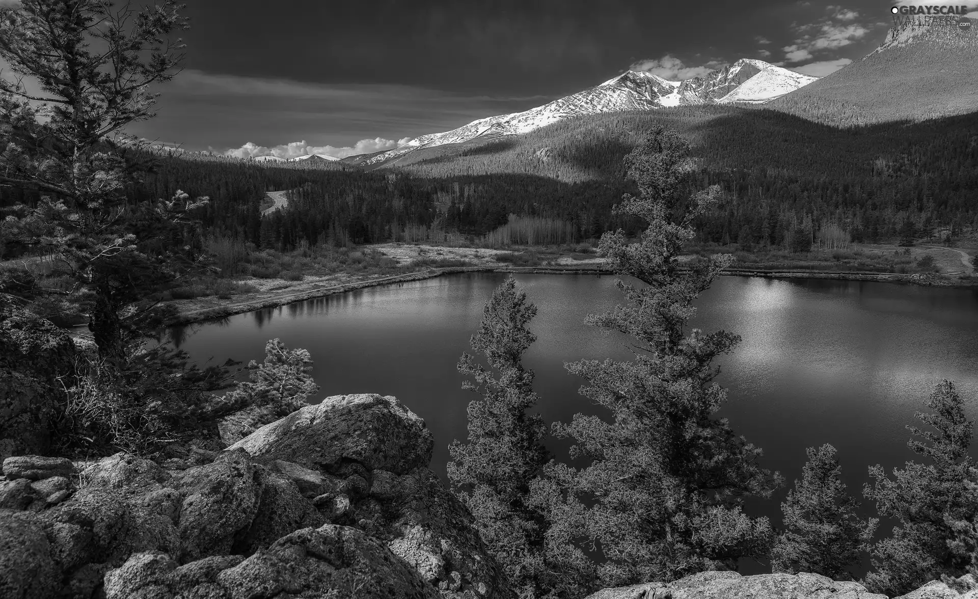 lake, Mountains, viewes, rocks, trees, woods