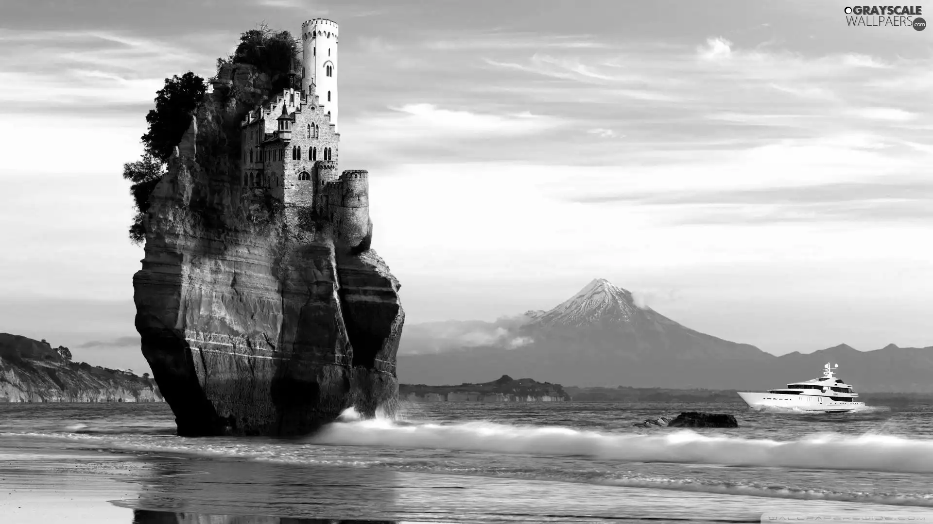 Yacht, Mountains, Rocks, sea