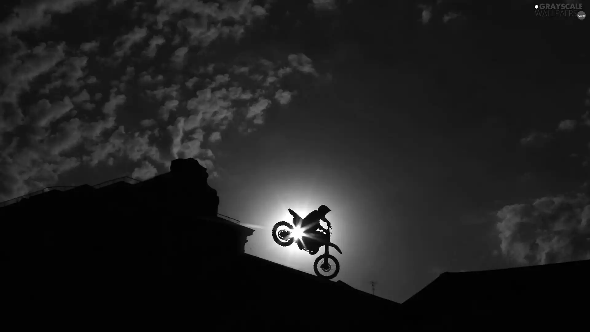 roofs, Motocross, Sky, clouds, Night