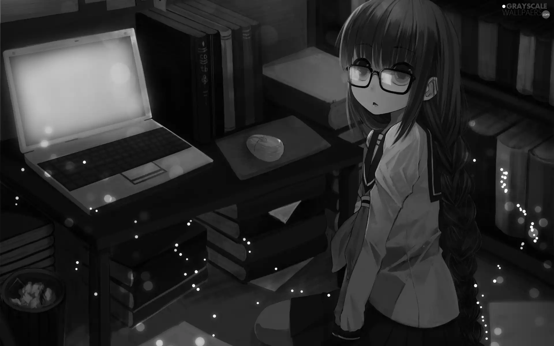 Books, Glasses, desk, Manga, laptop, girl, Room, Anime, basket, mouse