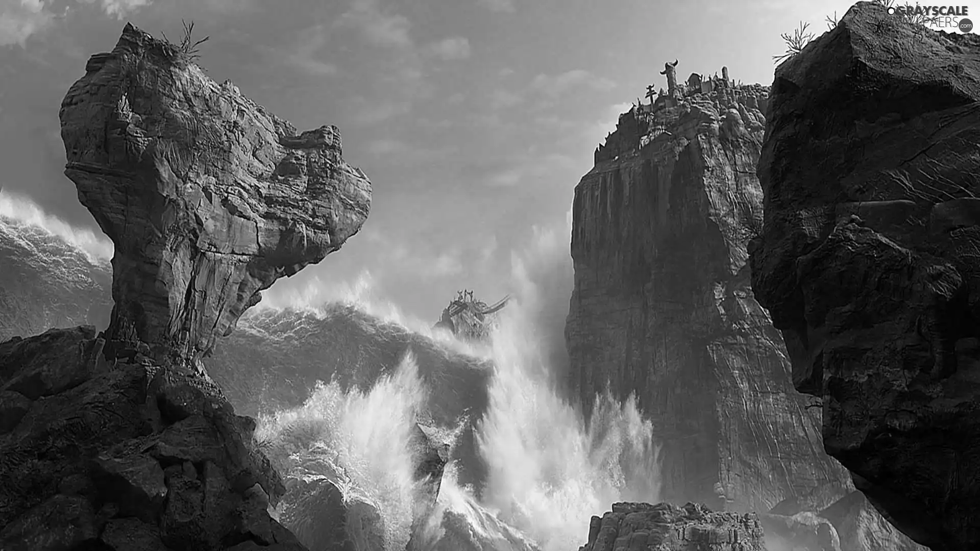 rocks, bridge, rope, water