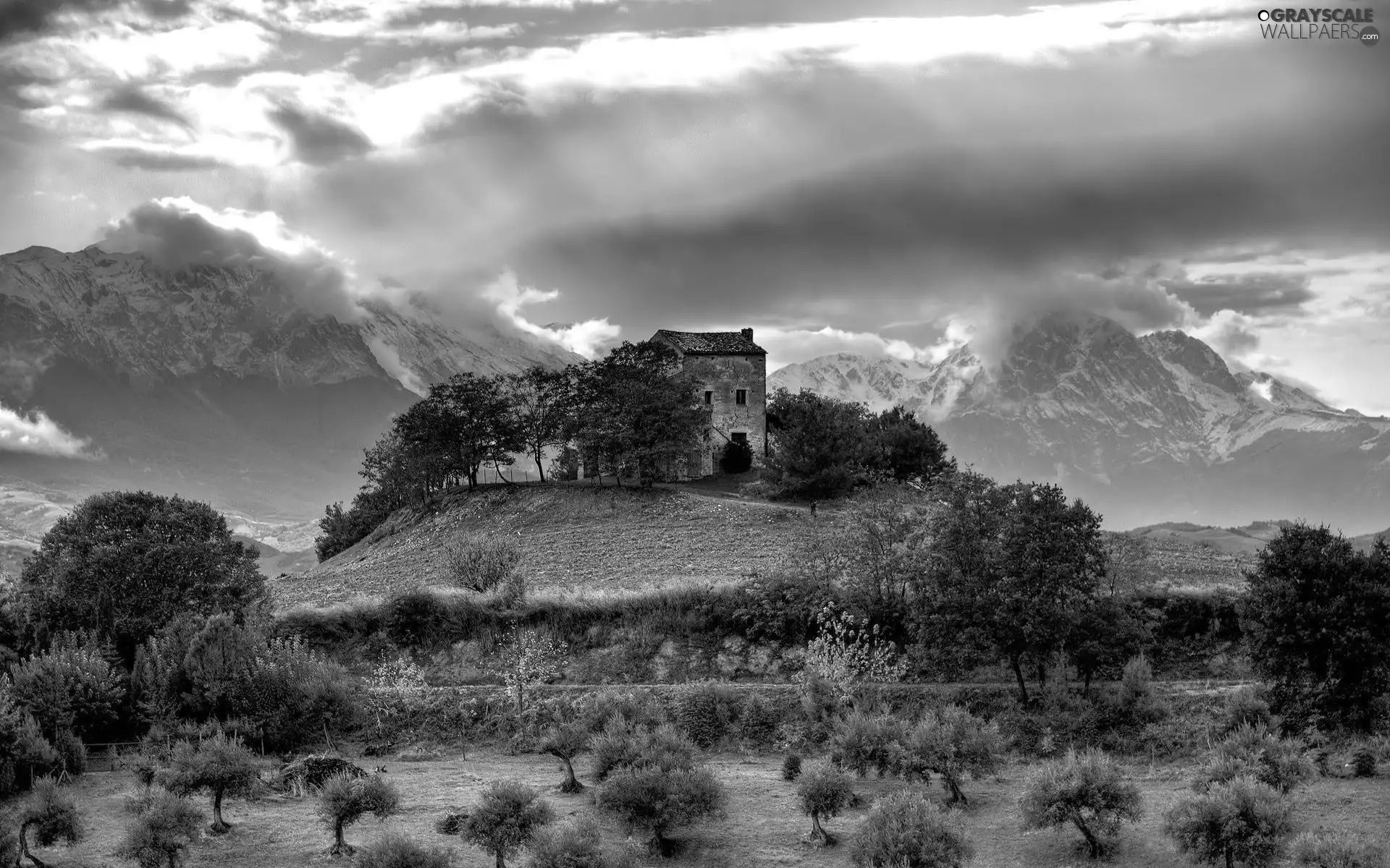 ruin, Hill, clouds