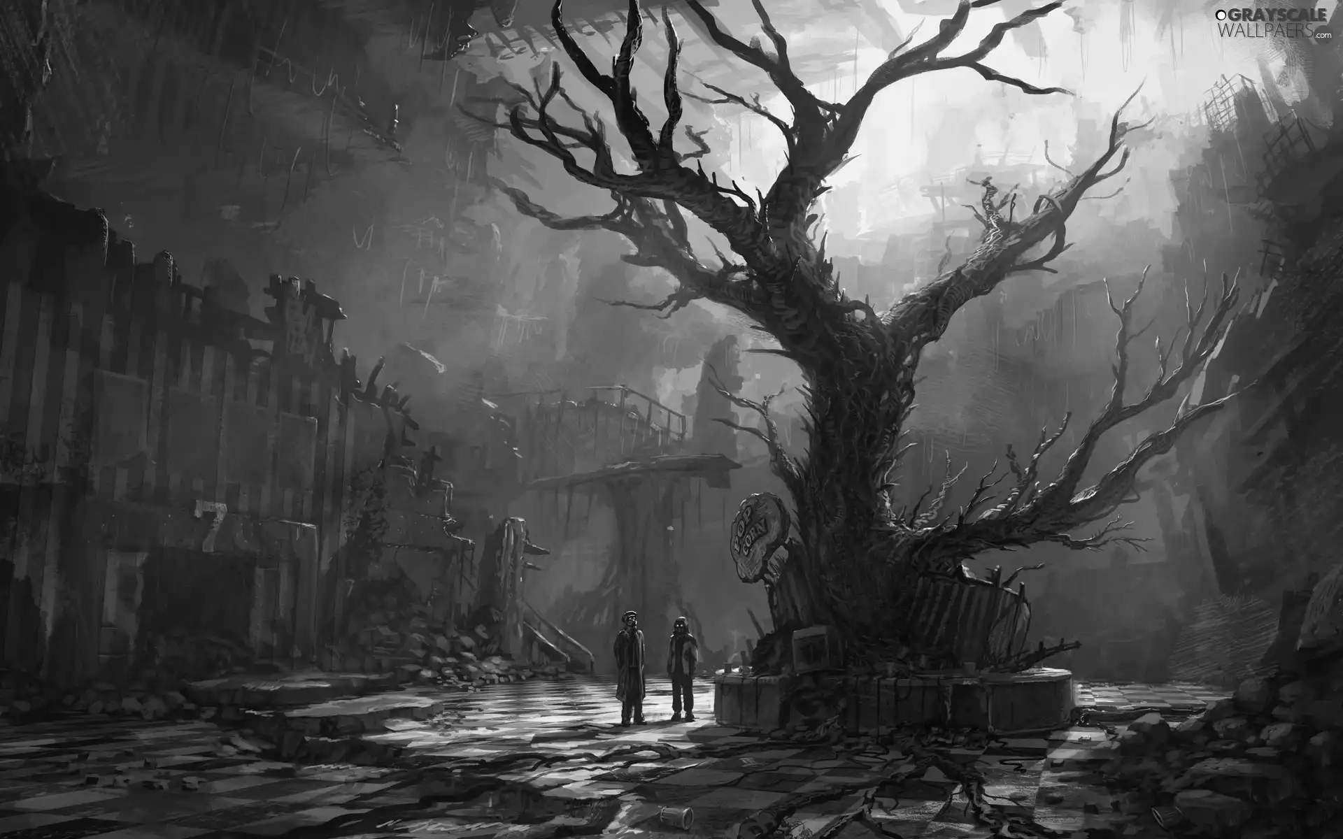 ruins, trees, Characters