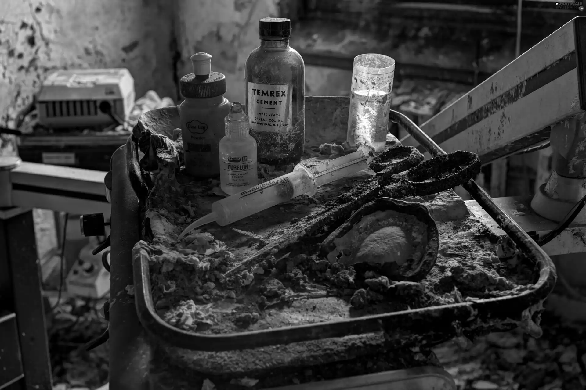 Syringes, chemicals, Space, old, Neglected