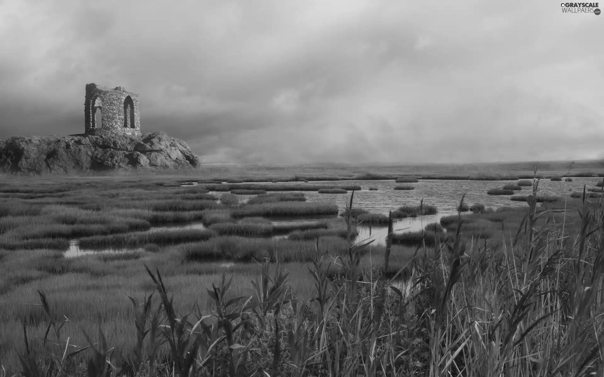 grass, River, ruins, structures, Rocks, Clumps