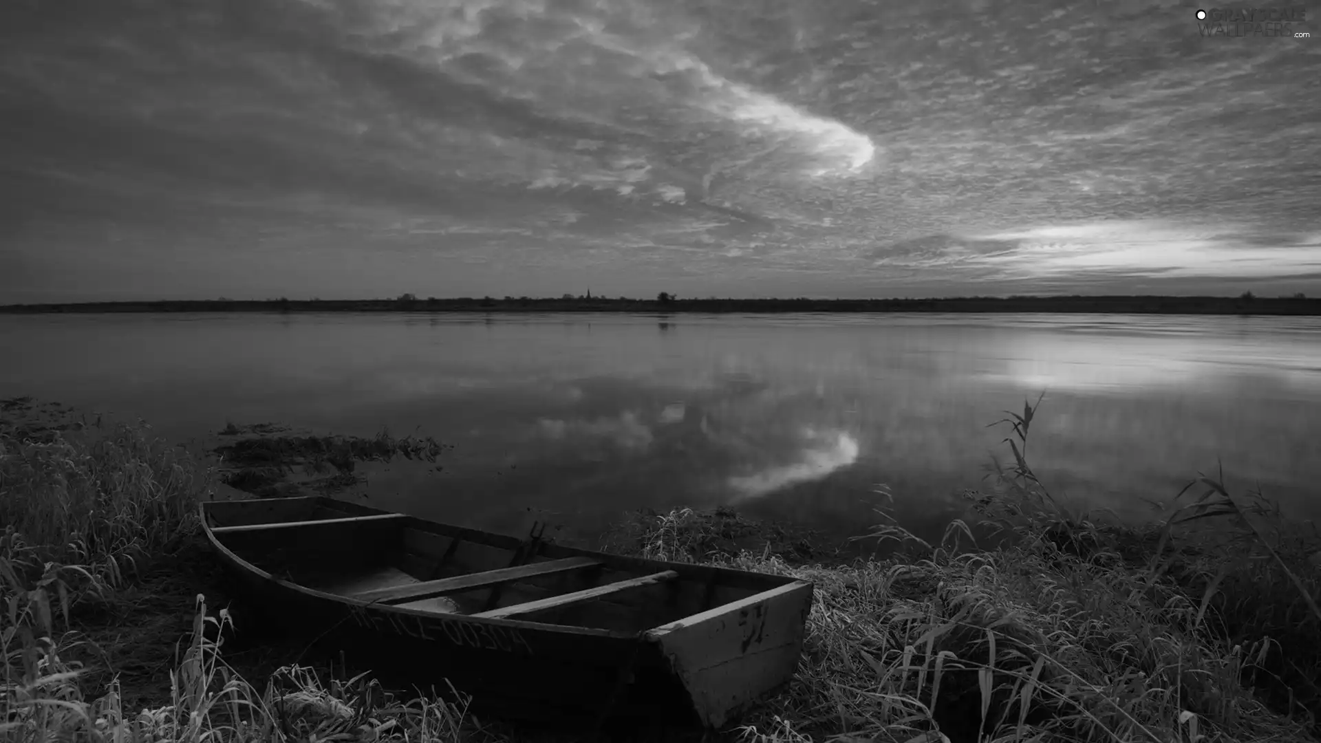 River, rushes, Great Sunsets, Boat