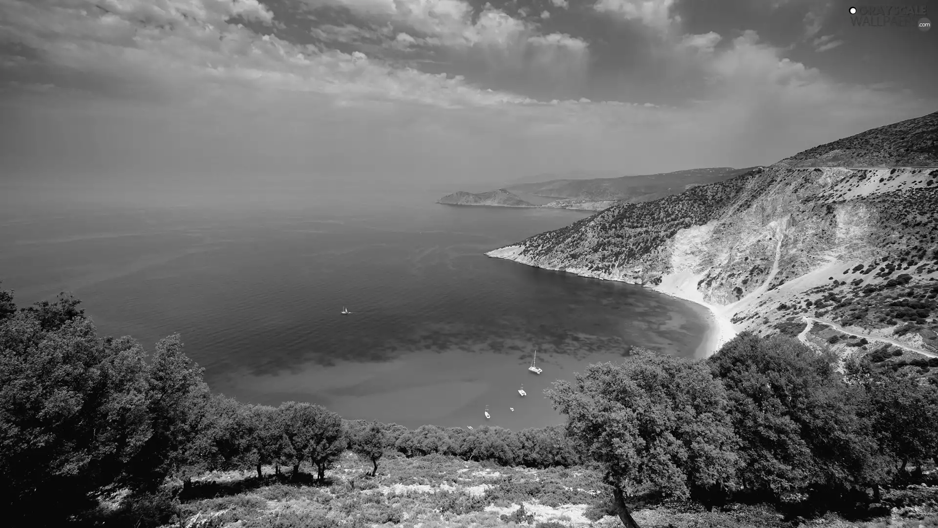 Sailboats, sea, Coast, trees, Corfu, Greece, VEGETATION, clouds, viewes