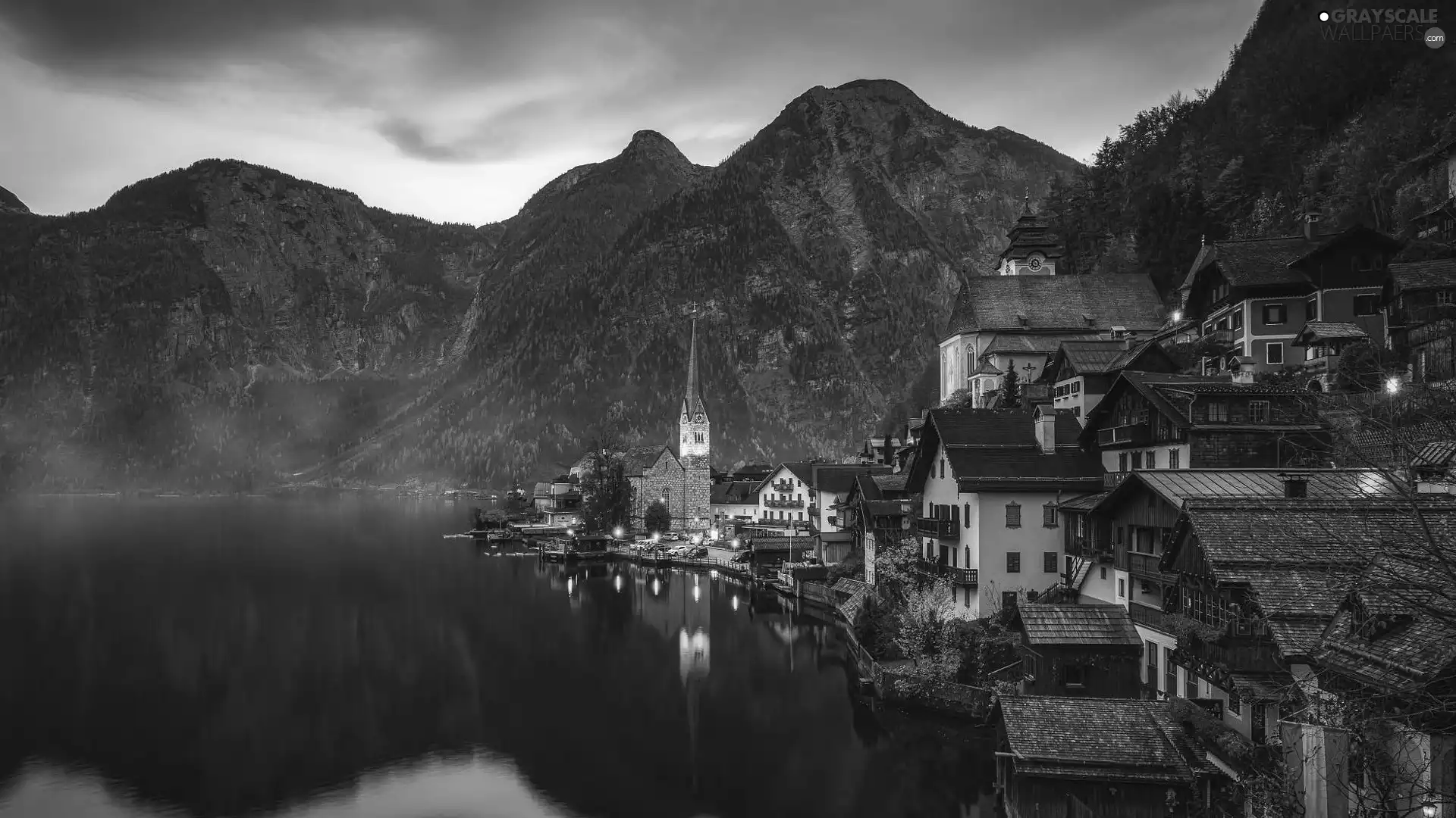 Hallstattersee Lake, Fog, Hallstatt, Houses, Austria, Salzburg Slate Alps, Mountains, Church