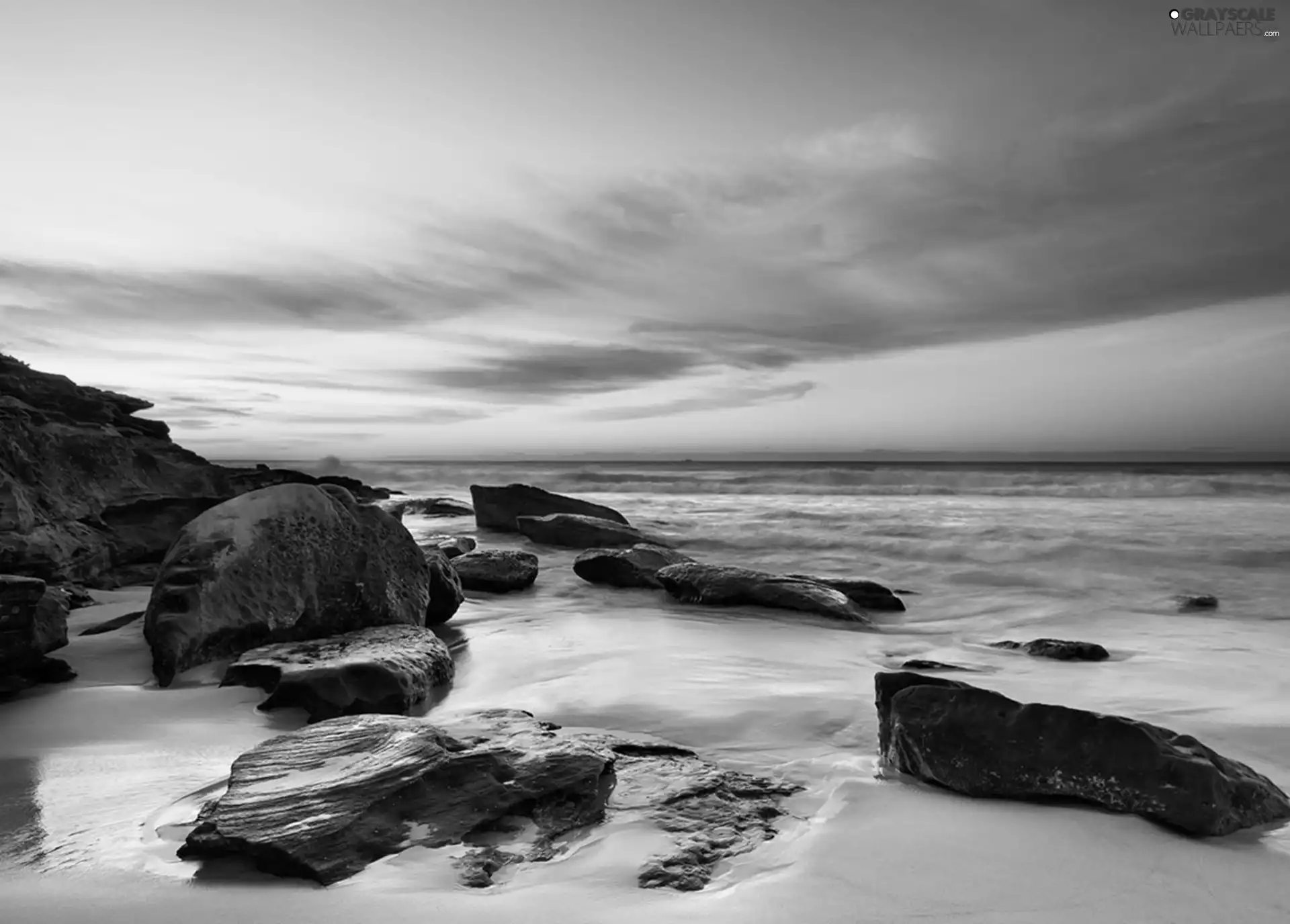 Sand, water, clouds, rocks, Beaches