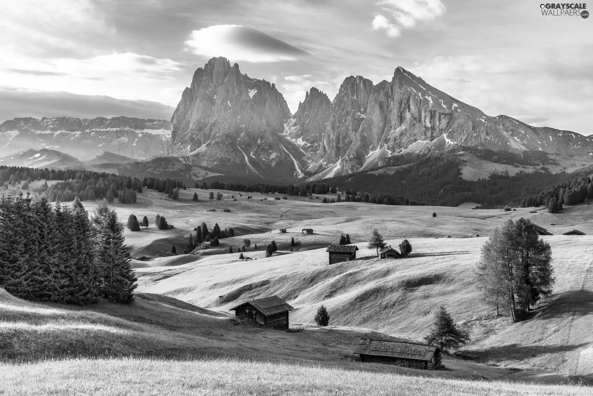 viewes, Dolomites, Val Gardena Valley, medows, Italy, Sassolungo Mountains, Seiser Alm Meadow, clouds, Houses, trees