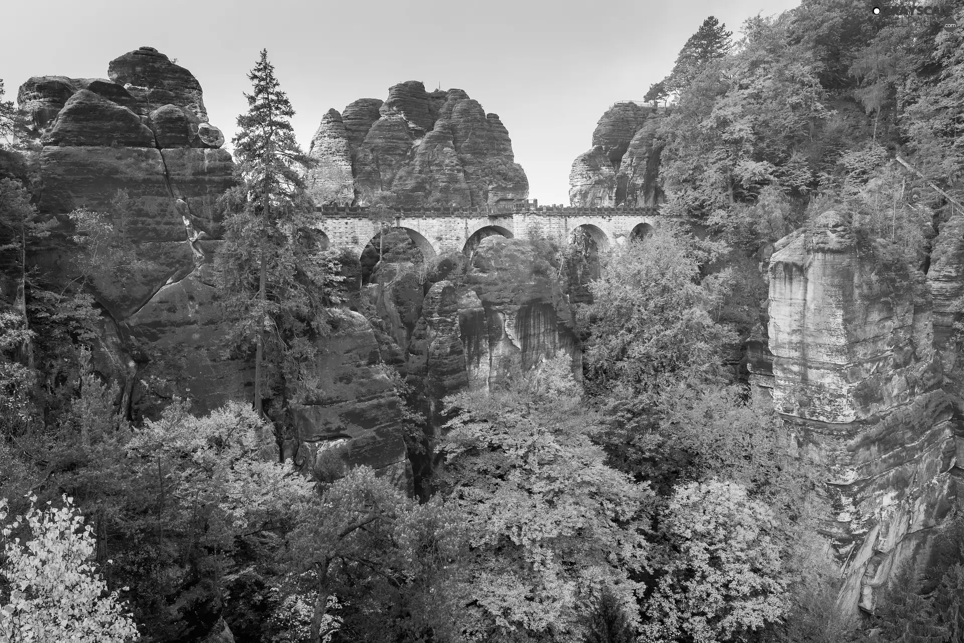 Rock Formation, Děčínská vrchovina, viewes, Saxon Switzerland National Park, bridge, autumn, trees, Germany, Bastei, rocks